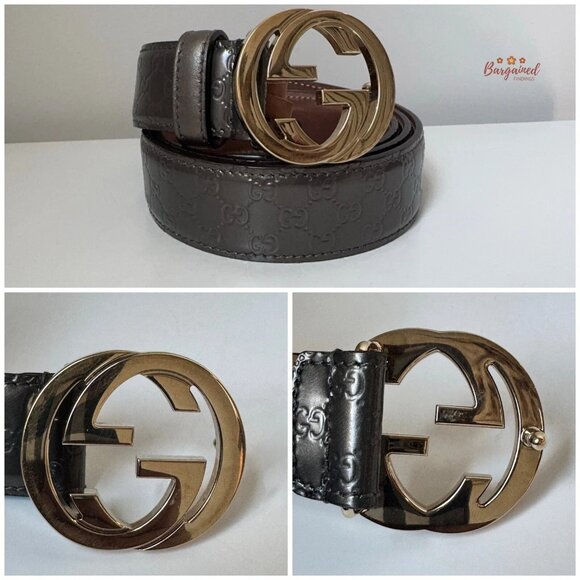 Authentic Gucci Gray Metallic Guccissima Leather Gold GG Buckle Belt 80/32 - Picture 2 of 13